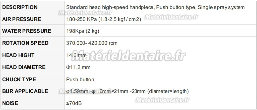 Being® Turbine Dentaire bouton poussoir Spécifications