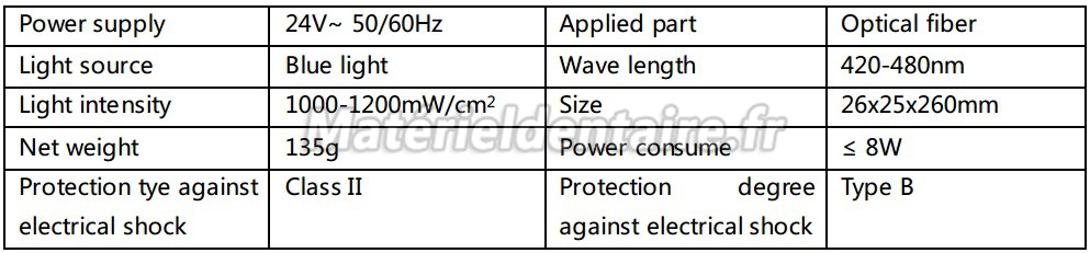 Woodpecker® Type G LED Lampe à photopolymériser Specifications techniques