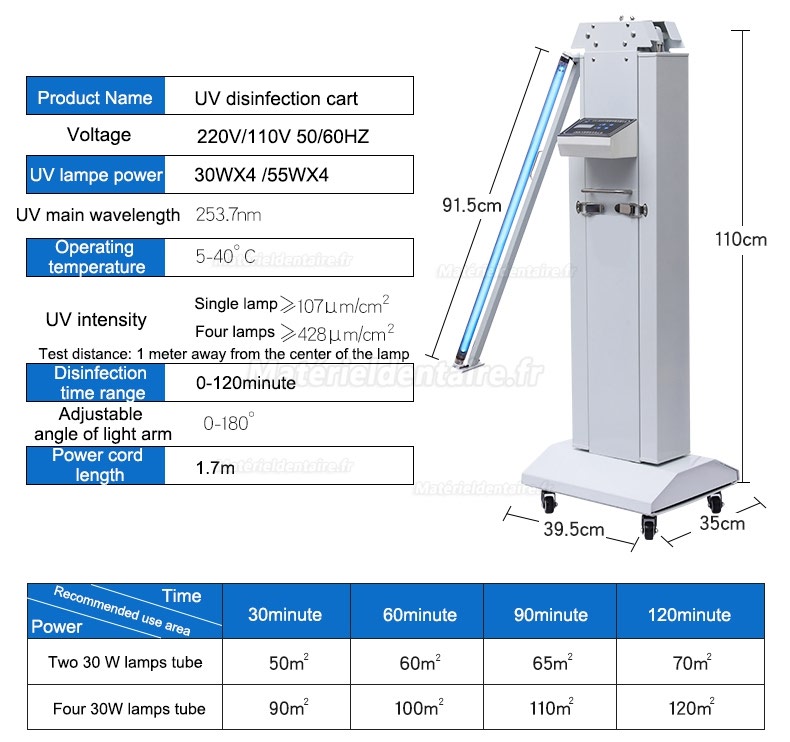 FY 120W-220W Mobile UV + ozone Désinfection Lampe 253.7nm Ultraviolet Chariot 