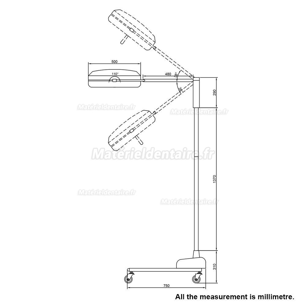 Scialytique dentaire sur pied / Lampe opératoire dentaire (5 réflecteurs 30 LED)