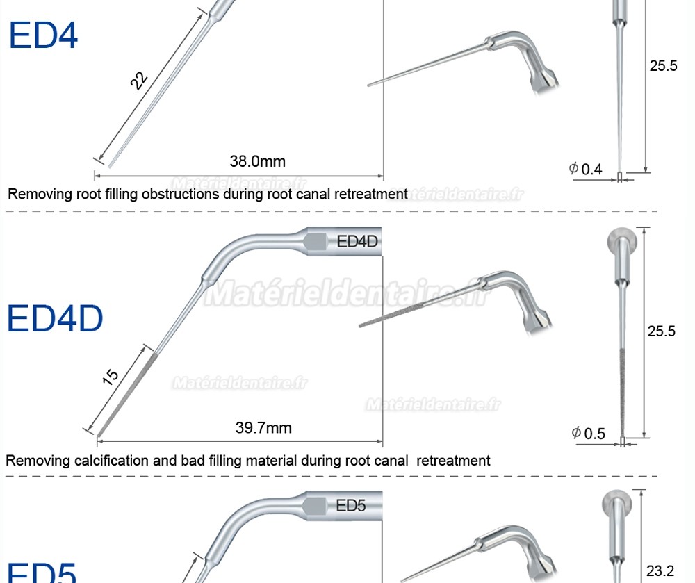 5 Pièces Refine® Inserts piézo en endodontie ED1 ED2 ED3 ED4 ED5 ED6 ED7 ED8 ED9 ED10 ED11 ED14 ED15 compatible avec SATELEC NSK DTE GNA