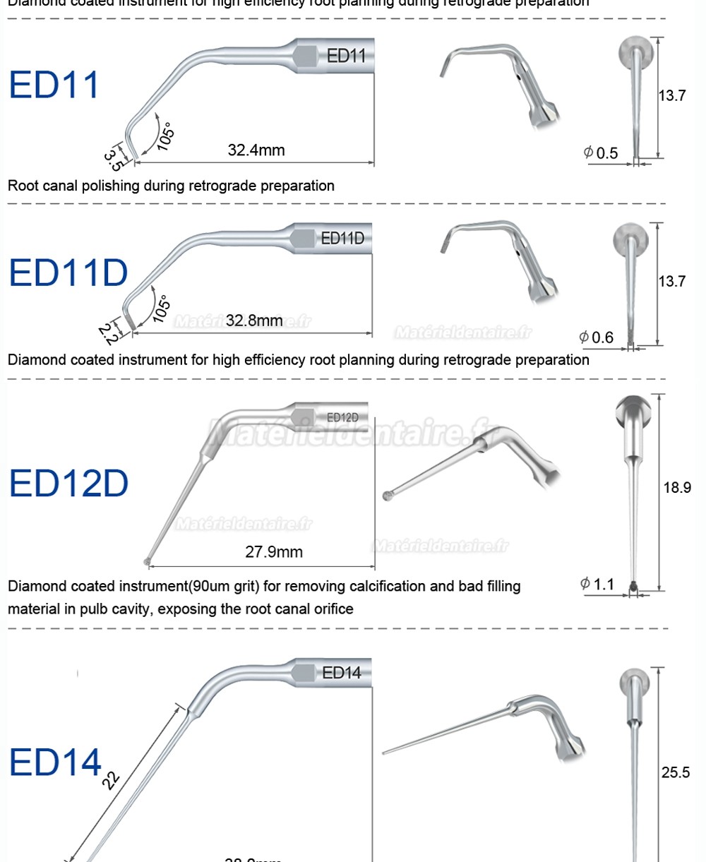 5 Pièces Refine® Inserts piézo en endodontie ED1 ED2 ED3 ED4 ED5 ED6 ED7 ED8 ED9 ED10 ED11 ED14 ED15 compatible avec SATELEC NSK DTE GNA