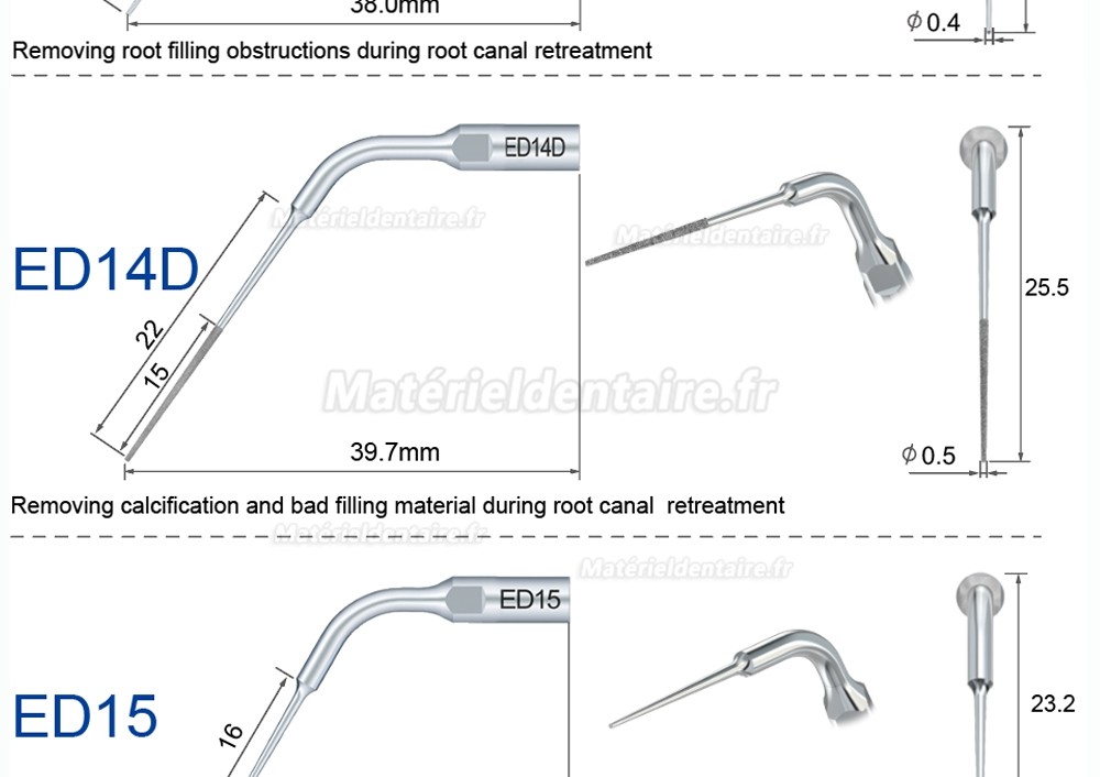 5 Pièces Refine® Inserts piézo en endodontie ED1 ED2 ED3 ED4 ED5 ED6 ED7 ED8 ED9 ED10 ED11 ED14 ED15 compatible avec SATELEC NSK DTE GNA