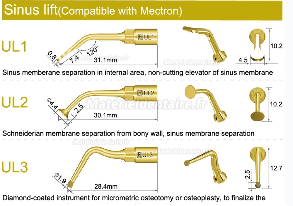 1 Pièces inserts piezosurgery pour sinus lift latéral UL1 UL2 UL3 UL4 UL5 compatible avec Mectron Woodpecker Silfradent & Dmetec