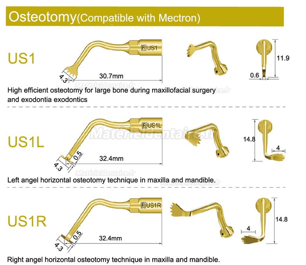 1 Pièces Inserts piezosurgery pour la chirurgie osseuse US1 US1L US1R US2 US3 US4 US5 US6 US7 US11 US12 compatible avec Mectron Silfradent Dmetec Woodpecker