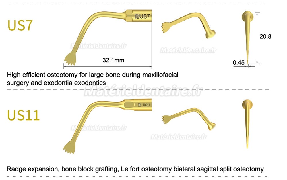 1 Pièces Inserts piezosurgery pour la chirurgie osseuse US1 US1L US1R US2 US3 US4 US5 US6 US7 US11 US12 compatible avec Mectron Silfradent Dmetec Woodpecker