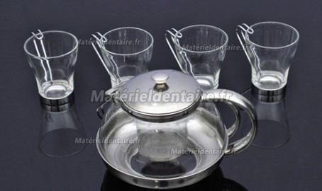 Théière avec filtre amovible en verre et inox et 4 tasses