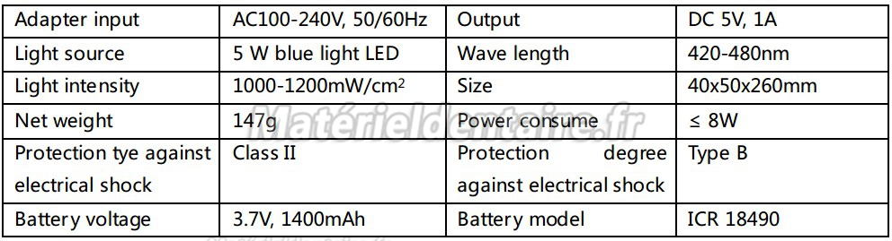 Woodpecker® Type E Lampe LED à photopolymériser Spécifications